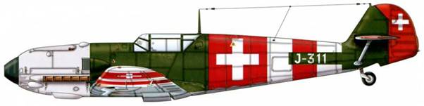 Bf 109Е-3 швейцарских ВВС, 1942-1944 гг. Швейцарские самолеты несли красные и белые «Полосы нейтралитета». Верхние поверхности: RLM 71. Нижние поверхности: RLM 65.