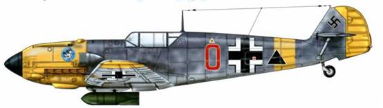 Bf 109Е-7/В из 2./SG 1, русский фронт, 1942 г. Самолет оснащен бомбодержателем ЕТС 250 и одной 250-кг бомбой SC 250. Верхние поверхности: RLM 74/75. Нижние поверхности: RLM 76.