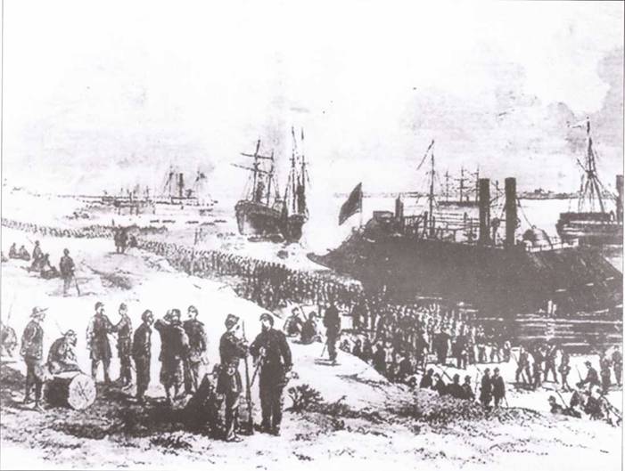 Броненосец «Эссекс», гравюра Шелла иллюстрирует захват Батон-Ружа федеральными войсками 17 декабря 1862 г.