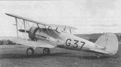Глостер SS.37 (G.37) на аэродроме в Хакклкоуте, Англия, сентябрь 1934 года. Самолет походил на «Гонтлет», в т. ч. сохранял открытую кабину и хвостовое колесо с обтекателем. На SS.37 стоял 530-сильный мотор Бристоль «Меркурий IV».