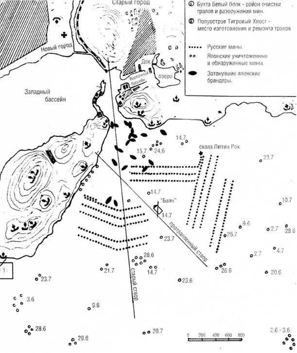 План внешнего рейда Порт-Артура с показанием мест уничтожения японских мин в период с 1 июня по 27 июля 1904 г.