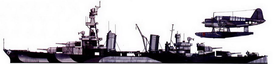 «Пенсакола» (СА-24) — первый из «вашингтонских» крейсеров ВМС США. Крейсер изображен окрашенным по схеме Measure 32/14D, Тихий океан, май 1944 г. Рисунок камуфляжа па правом и левом бортах корабля различен., Для корректировки стрельбы главным калибром ни <a href='https://arsenal-info.ru/b/book/2414474991/4' target='_self'>тяжелых крейсерах</a> военного флота Соединенных Штатов использовались гидросамолеты Воут OS2U «Кингфишер».