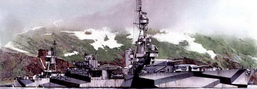 Крейсер «Честер» (СА-27) в камуфляжной окраске Measure 32/9П. Данная камуфляжная схема окраски была разработана для эсминцев, но в середине 1944 г. ее адаптировали для тяжелых крейсеров, действовавших в северной части Тихого океана. Крейсер типа «Нортхэмптон» обстреливал в июне 1944 г. позиции японцев на островах Курильской гряды.