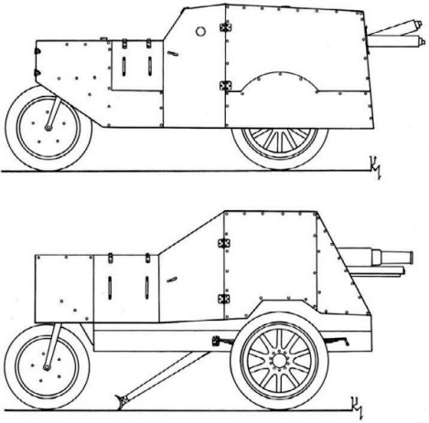 Трехколесные бронеавтомобили: с 76-мм противоштурмовой пушкой (внизу) и двумя пулеметами Максима (вверху).