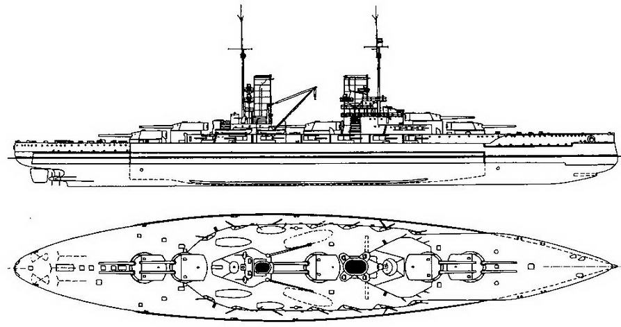 Линейный корабль “Кениг”. 1914 г. (Наружный вид и вид сверху)