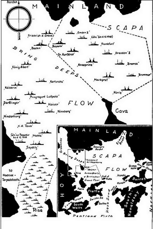 Рейд Скапа-Флоу с указанием мест, затопленных на нем кораблей германского флота