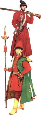 Начальный человек и стрелец. 1660-е гг. Рисунок художника Р. Паласиоса-Фернандеса.