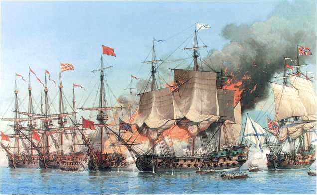 Корабль «Святой Евстафий Плакида» в сражении 24 июня 1770 г. в Хиосском проливе. Акварель художника А.А. Троня. 2001 г. (ЦВММ).