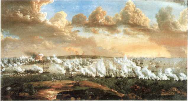Первое Роченсальмское сражение 13 августа 1789 г. Картина художника Юхана Tитpuxa Шульца. 1792 г. (Национальный музей Швеции, Стокгольм).