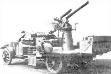 Самоходная германская 77-мм зенитная пушка на частично бронированном шасси «Даймлер» (Krupp-Daimler 7,7 cm Flack) — подобные «моторные орудия» использовались в противотанковой обороне.