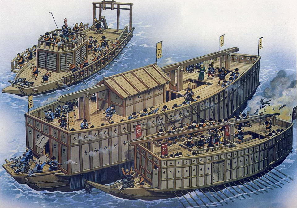 Боевые корабли типа атака-буне и секи-буне, первое сражение при Кидзугавагути между Одой Нобунагой и Мори Терумото, 1576 г.
