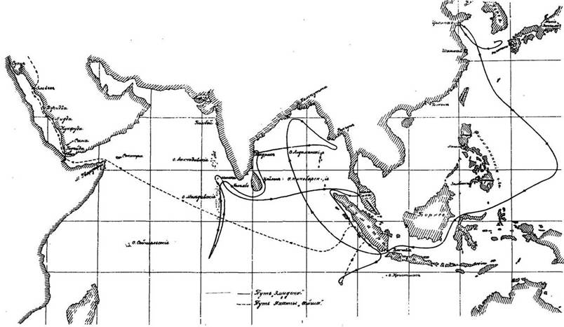 Маршруты переходов крейсера "Эмден" в период с 2 августа по 9 ноября 1914 г.