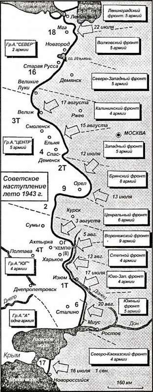 Карта 34. Шестьдесят одна советская армия выстроилась перед немецким фронтом после Курской битвы. Что будет дальше?
