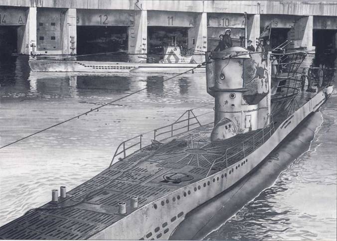 U-377, субмарина типа VIIC, медленно выходит из бетонного укрытия во французском порту Брест, 1943 г. У-ботом U-377 командовал обер-лейтенант Герхард Клюц.