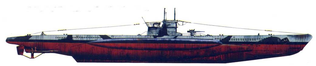 U-565 в разрушающей камуфляжной окраске из полос светло- и темно-серого цвета. Лодка действовала в Атлантике и в Средиземном море, ее потопили 24 сентября 1944 г.