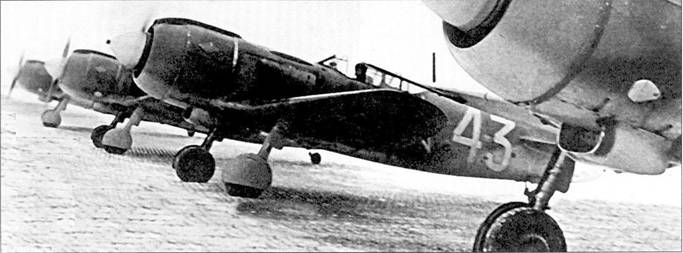 Истребители Ла-5ФН поздних выпусков имели дополнительный смотровой лючок в нижней части капота двигателя. Все запечатленные на снимке самолеты имеют рули направления желтого цвета.