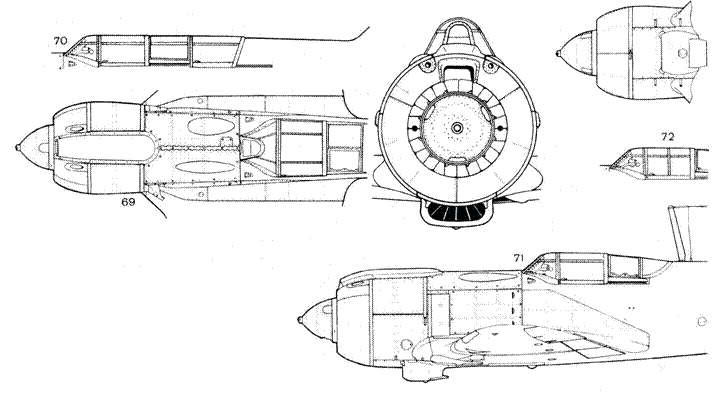 31 — лобовые жалюзи капота; 58 — фара (на самолетах первых серий); 60 — консольные АНО; 61 — Ла-5 с М-82А первой серии (1942 г.); 62 — Ла-5 с М-82А последующих серий (1942 г.); 63 — обтекатель бомбодержателя; 67 — подвеска бомб АО/ФАБ-50; 68 — подвеска бомб А0/ФАБ-100; 69 — Ла-5ФН с АШ-82ФН (1943 г.) 70 — фонарь кабины самолета Ла-5 УТИ; 71 — Ла-5ФН поздних серий (1944 г.); 72 — вариант сдвижной части фонаря
