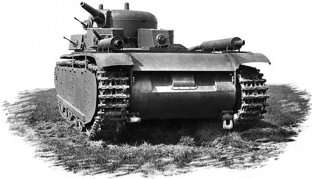Танк Т-35-1, вид сзади — хорошо видна форма кормового листа, глушителей и буксирных крюков.