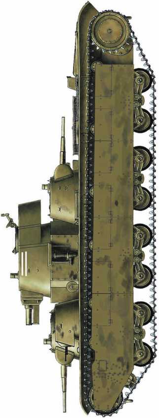 Тяжелый танк Т-35 с коническими башнями и наклонной подбашенной коробкой из состава 67-го танкового полка. Такое обозначение в виде двух белых полос было, в частности, у машины № 744-66, оставленной у села Бложино 9 июля 1941 года.