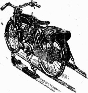 Рис. 13. Мотоцикл с лыжным легкосъемным приспособлением для движения по зимним дорогам. Сконструирован в СССР.