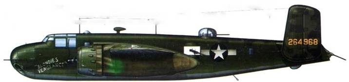 B-25G-5-NA (42-649681 «Blondie's Vengeance», вероятно из 41 th BG. 12th AF. остров Макин, апрель 1944 года. Камуфляж Оlive Drub/Neutral Gray с нерегулярными пятнами Medium Green на крыльях и хвосте. Опознавательные знаки с белыми прямоугольниками, но без красной обводки.