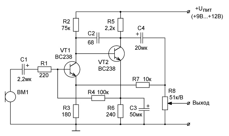 Усилитель для динамического микрофона схема