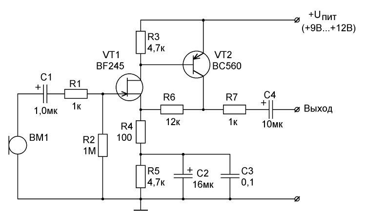 Схема двухкаскадного усилителя на биполярном транзисторе
