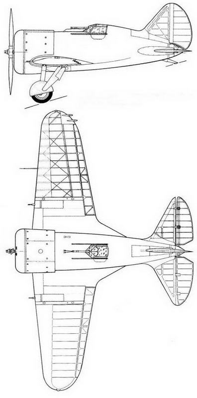 И-16 тип 4. Обшивка правого крыла и оперения условно не показана.