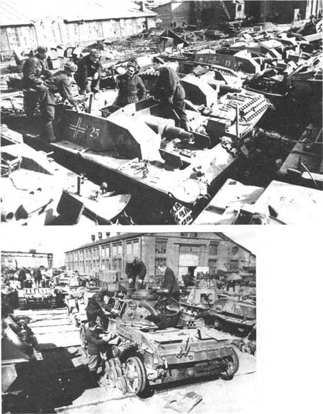 Верхний снимок — Ремонтники осматривают трофейные StuG III на рембазе № 82. Апрель 1942 года (АСКМ).