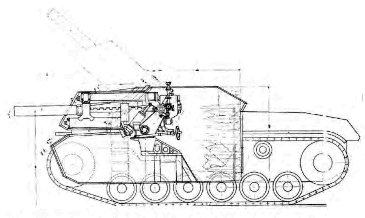 Эскизные проработки самоходной гаубицы СГ-122, продольный разрез по боевому отделению. Апрель 1942 года (копия заводского чертежа).