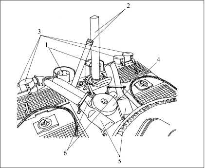 Крыша моторного отделения с установленным оборудованием для подводного вождения: 1 — выхлопные патрубки; 2 — труба ОПВТ; 3 — воздушные фильтры типа Feifel; 4 — колпак над окном воздухооттока; 5 — трубы подачи воздуха к воздушным фильтрам двигателя; 6 — трубы подачи воздуха к фильтрам типа Feifel.