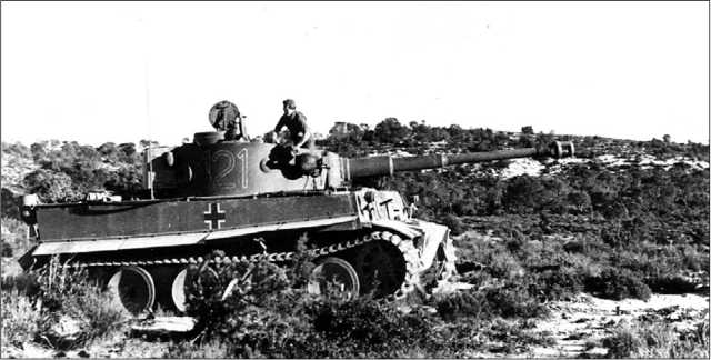 «Тигр» 1-й роты 501-го тяжелого танкового батальона на фоне североафриканского пейзажа. Тунис, февраль 1943 года.