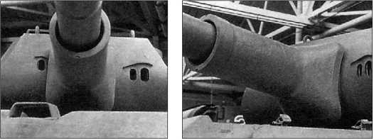 Лобовая часть башни конструкции Порше и маска пушки. Справа от орудия — две амбразуры бинокулярного прицела TZF-9d/1, который устанавливался на танках ранних выпусков.