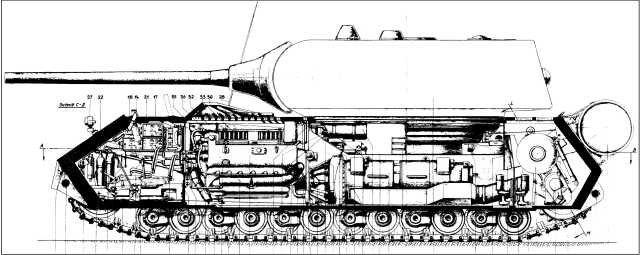 Компоновка танка «Маус» (продольный разрез по корпусу).