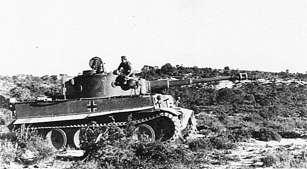 «Тигр» 1-й роты 501-го тяжёлого танкового батальона на фоне североафриканского пейзажа. Тунис, февраль 1943 года.