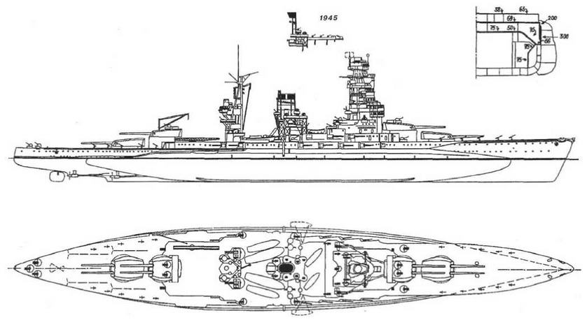Линейный корабль "Нагато". 1944 г. (Наружный вид и вид сверху)