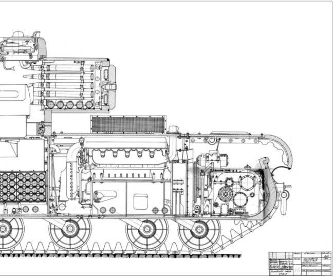Продольный разрез танка КВ-220, копия заводского чертежа. Вверху фрагментом дана установка курсового пулемета ДТ в лобовом листе корпуса. На чертеже стоит дата — 6 января 1941 года (АСКМ).