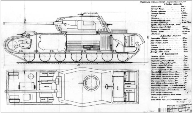 Проект танка КВ-4 инженера М. Креславского с одной башней, в которой размещалась спаренная установка 107 и 45-мм орудий. Двигатель устанавливался в средней части корпуса, а система охлаждения с вентилятором — в кормовой части (АСКМ).
