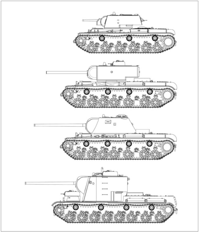 Сравнительные размеры сверхтяжелых танков Кировского завода. Сверху для сравнения показан серийный КВ-1 с 76-мм пушкой Ф-32 выпуска весны 1941 года, под ним КВ-220, затем КВ-3 и КВ-5. Обращает на себя внимание, что несмотря на разницу в массе, размеры последних трех машин не сильно отличаются друг от друга. Несколько выделяется КВ-5, имеющий довольно значительную по высоте башню, но низкий корпус.