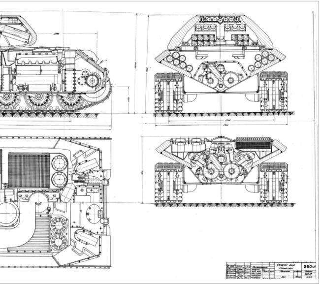 Общие виды одного из вариантов танка ИС-7 «объект 260», вариант со спаркой В-16 и механической трансмиссией, одобренный для изготовления осенью 1945 года (АСКМ).