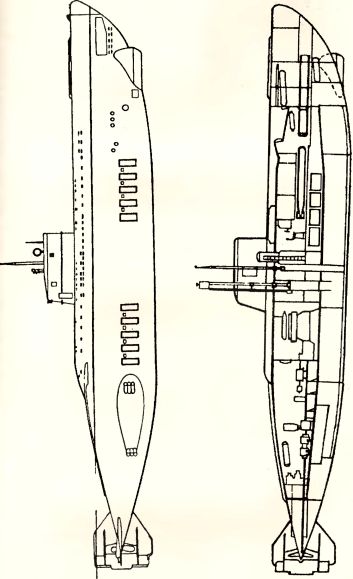 Рис. 168. Подводная лодка серии XVIIB (общий вид и вид в разрезе).