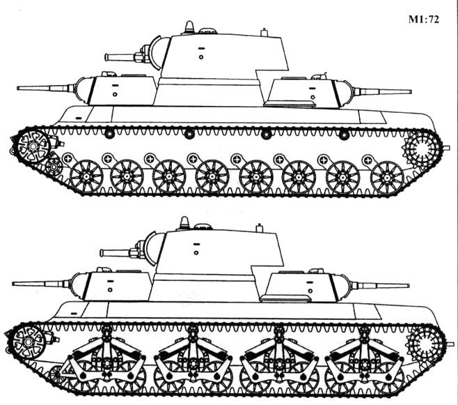 Трехбашенные варианты танка СМК: вверху — с торсионной подвеской, внизу — с балансирной подвеской по типу Т-35