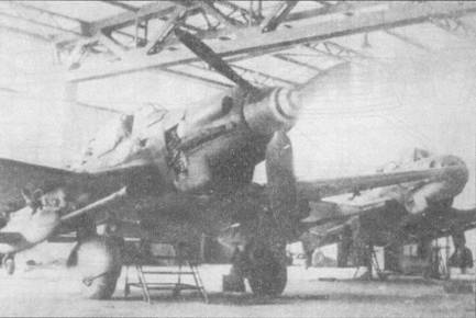 Трофейный Ju-87G-2 сфотографирован в ангаре рядом с «каннибализированным» Ju-87D-5. «Густав» также имеет повреждения, обратите внимание на вырванный кусок обшивки в борту фюзеляжа перед кабиной летчика. В последние дни войны вооруженные «Штуками» подразделения истребителей танков понесли ужасающие потери.